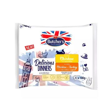 Butchers Delicious Dinners Chunks in Jelly Chicken and Chicken with Turkey Cat Food Pouch - 4 x 100 g