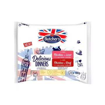 Butchers Delicious Dinners Chunks in Jelly Chicken with Liver and Chicken with Beef Cat Food Pouch - 4 x 100 g