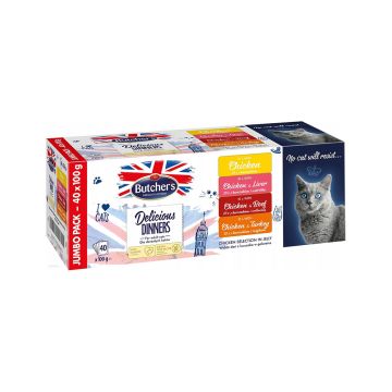 Butchers Delicious Dinners Chunks in Jelly Jumbo Pack Chicken Selection Mix Flavors Cat Food Pouch - 40 x 100 g