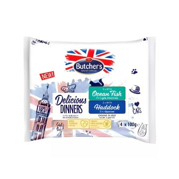 Butchers Delicious Dinners Chunks in Jelly Ocean Fish and Haddock Cat Food Pouch - 4 x 100 g