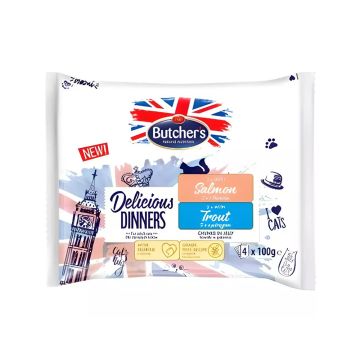 Butchers Delicious Dinners Chunks in Jelly Salmon and Trout with Beef Cat Food Pouch - 4 x 100 g