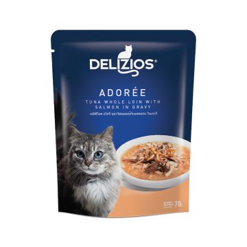 Delizios Adoree Tuna Whole Loin with Salmon in Gravy Cat Food Pouch - 70 g - Pack of 12