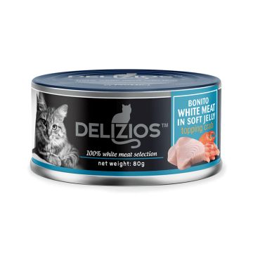 Delizios Bonito White Meat in Soft Jelly Topping Crab Canned Cat Food - 80 g - Pack of 24