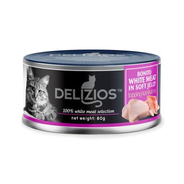 Delizios Bonito White Meat in Soft Jelly Topping Kanikama Canned Cat Food - 80 g - Pack of 24