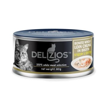 Delizios Bonito Whole Loin Chunk in Broth Snapper and Shrimp Canned Cat Food - 80 g - Pack of 24