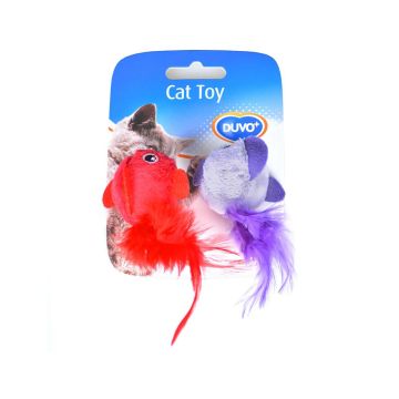 Duvo+ Assortment Birds with Feather Cat Toy - Red and Purple - 2 pcs