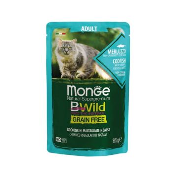 Monge BWild Adult Grain-Free Codfish with Shrimps & Vegetables in Gravy Wet Cat Food - 85 g