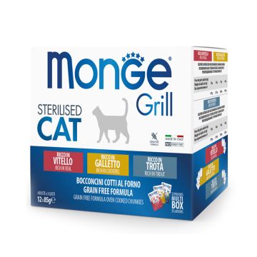 Monge Grill Multi Box - Cockerel Trout Veal Sterilised Cat Food Pouches - 12 x 85 g