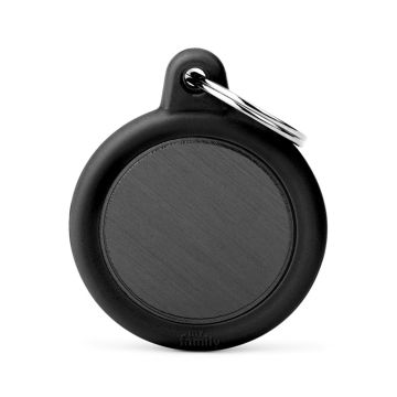 Myfamily Hushtag Collection Aluminium Black Circle with Black Rubber Pet ID Tag