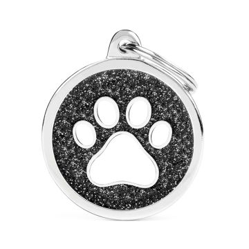 MyFamily Shine Big Circle Black Glitter White Paw Pet ID Tag