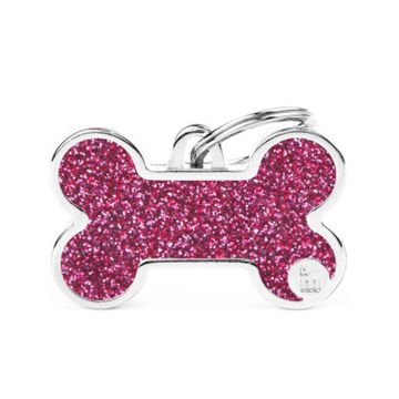 MyFamily Shine Big Pink Glitter Bone Pet ID Tag