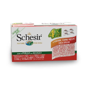 Schesir Dog Chicken Fillets with Beef Jelly Multipack Dog Food, 85g, Pack of 4 