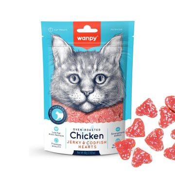 Wanpy Chicken Jerky and Codfish Hearts Cat Treats - 80 g