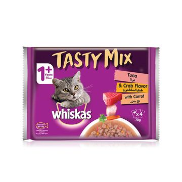 Whiskas Tasty Mix Tuna and Crab with Carrots Collection in Gravy Wet Cat Food Pouches - 70 g - Pack of 4