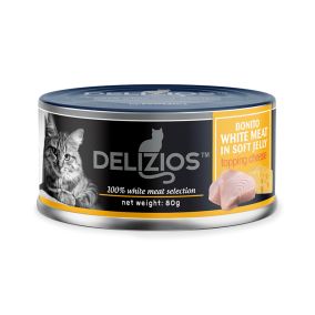 Delizios Bonito White Meat in Soft Jelly Topping Cheese Canned Cat Food - 80 g - Pack of 24