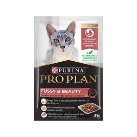 Purina Pro Plan Fussy Beauty Tender Pieces with Salmon in Gravy Cat Food Pouch - 85 g - Pack of 12