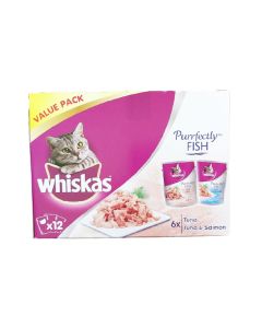 طعام بورفكتلي الرطب بنكهة السمك والسالمون للقطط من ويسكاس -85 غم - 10 عبوات + 2 مجانا 